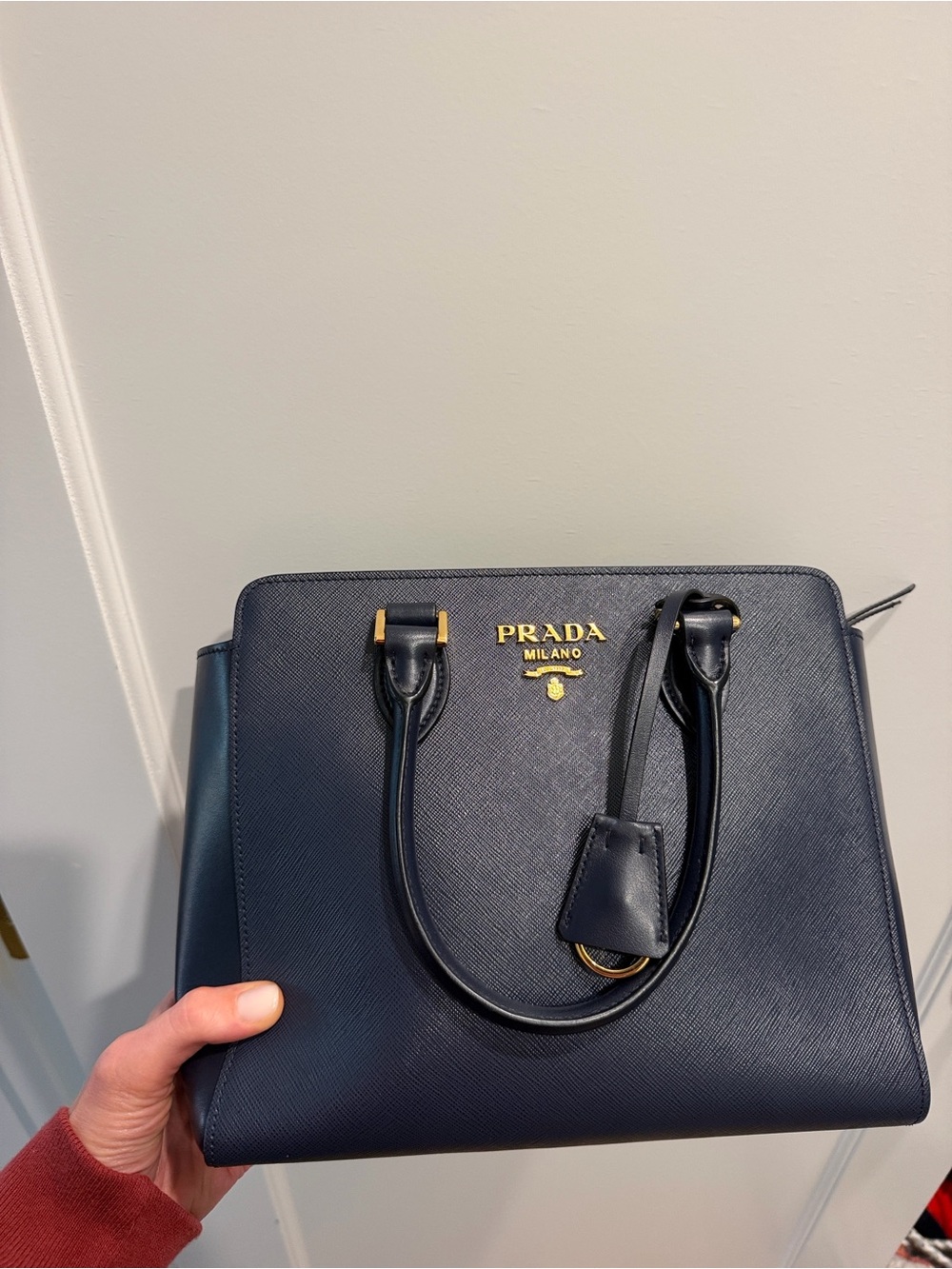 Prada Saffiano Leather Satchel in Navy with Gold Hardware